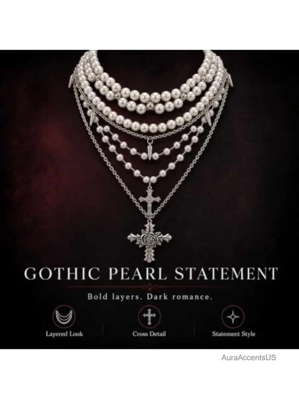 Layered Pearl Necklace Women Gothic Cross Pendant Punk Alternative Statement